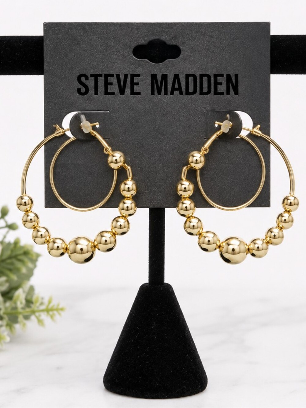 Steve Madden NWT 2" Gold Tone Beaded Hoop Earrings Post Back